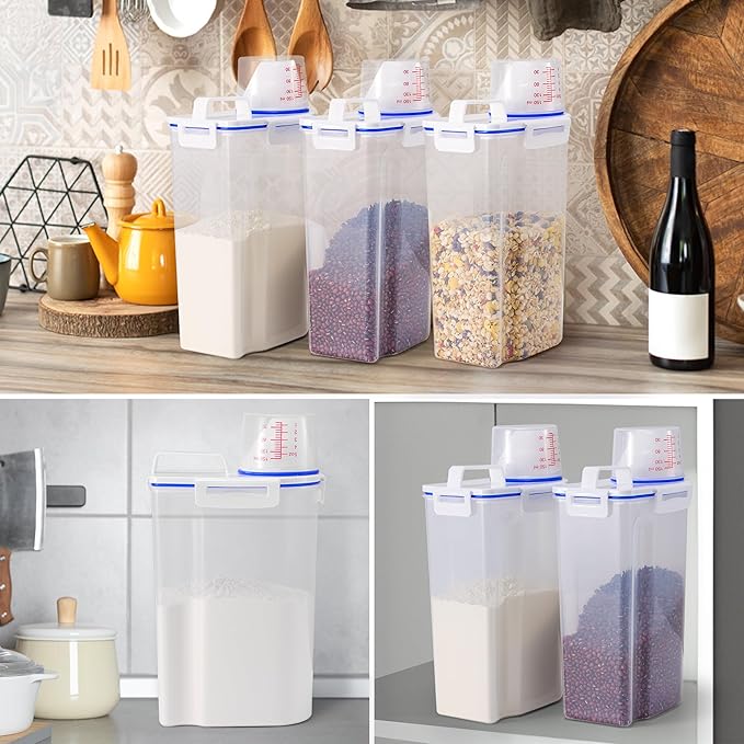 2 Pcs 5.5Lbs Rice Dispenser Storage Containers, Rice Container with Measuring Cup & Pour Spout, Kitchen Plastic Airtight Container for Cereal, Grain, Flour, Sugar, Oatmeal, Dry Pet Dog Food