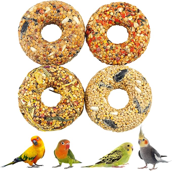 Fhiny 4 PCS Parakeet Treats, Donut Shaped Natural Grain Cockatiel Food with Fruits Vegetables Flowers and Herbs Bird Chew Toys for Parrot Conure Lovebird Training Rewards and Beak Grinding
