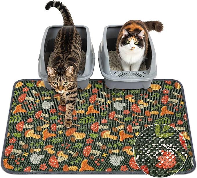 Unicorn Catcher 33X22in Cat Litter Mat Machine Washable Soft 3D Air Mesh Litter Box Rug Non-Slip Backing Quick Dry Scatter Control for Paws,Green Mushrooms
