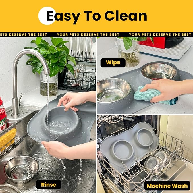 Dog Bowls with Non-Slip Silicone Mat, Spill Proof Large Food & Water Bowls Set, Easy Clean Dog Food Dish, Dishwasher Safe, Suitable for Dogs Cats Pet Under 90lbs, Large, Grey