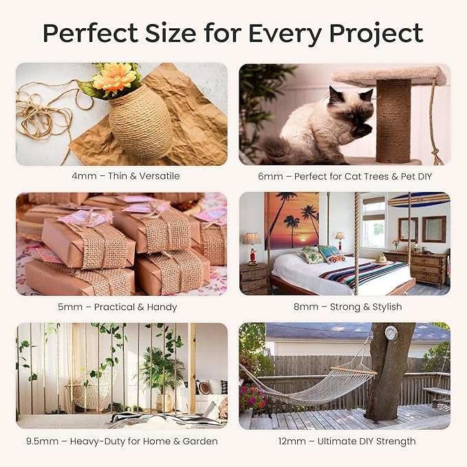 Premium Brazilian Sisal Rope, Natural Fiber 100% Sisal, Ultra Durable, Chemical-Free, Ideal for DIY, Cats, Scratching Post Replacement, Home Decor, Garden, Crafting (3/8” 50 ft / 9.5mm 15m)