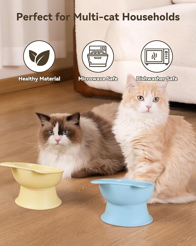 MateeyLife Elevated Cat Bowls, 2P Raised Food and Water Bowl Set for Indoor Cats & Small Dogs, Whisker Fatigue Cat Bowl, Anti Vomit Feeding Pet Bowls, 6 oz Each, Dishwasher Safe - Blue & Yellow
