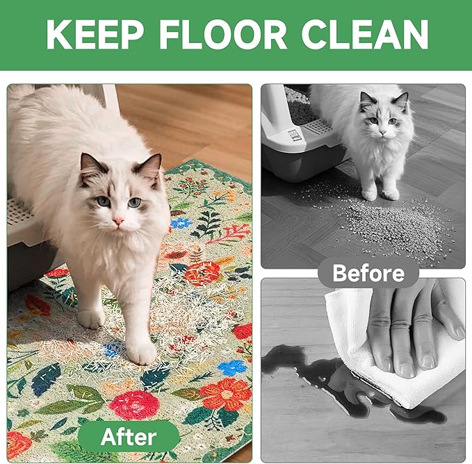 Cat Litter Mat, 35" x 23" Litter Box mat, Upgrade Non-Slip Kitty Litter mat, Traps 100% Litter, Soft on Kitty Paws, Easy Clean for Scatter Control, Bohe cat Food mat, Urine Waterproof