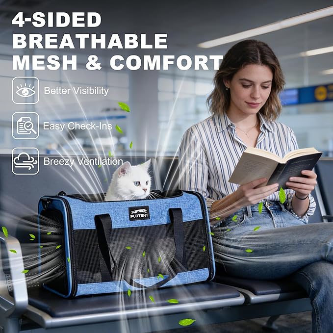 TSA Approved Pet Carrier for Kitten and Puppy, Cat Carrier Soft Fits Pets up to 13 lbs, Dogs Travel Bag with Bowl Foldable, Ideal for Travel, Car Rides, and Vet Visits, Dark Blue
