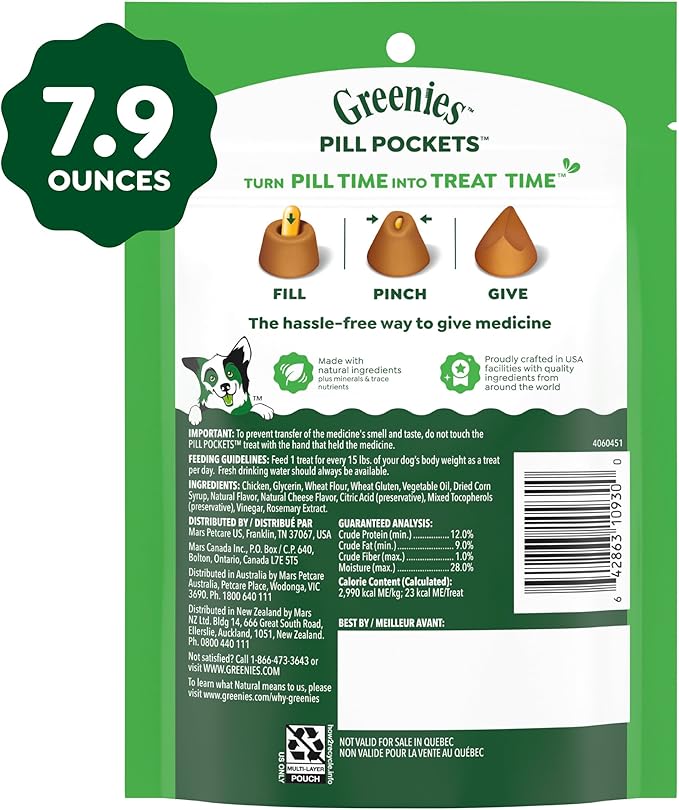 Greenies Pill Pockets for Dogs Large Size, Dog Treat Pouch for Capsule Medication, Cheese Flavor, 7.9 oz. Pouch