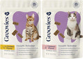 Groovies Cat Daily Dental Treats. Tasty, Crunchy Bites Cats Love. Powered by USA-Patented DentalFit Tech. No Gluten or Artificial Flavors or Colors. 1.76oz Each bag- (2 pack) of (1)Chicken & (1)Salmon
