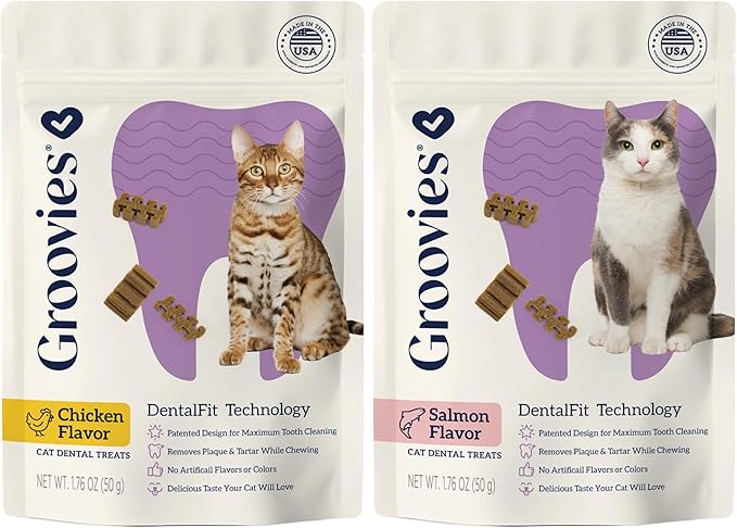 Groovies Cat Daily Dental Treats. Tasty, Crunchy Bites Cats Love. Powered by USA-Patented DentalFit Tech. No Gluten or Artificial Flavors or Colors. 1.76oz Each bag- (2 pack) of (1)Chicken & (1)Salmon