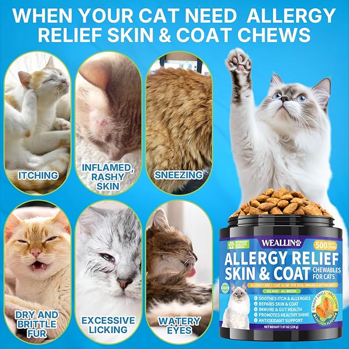 Cat Allergy Relief Chews, 500 Crunchy & Krill Core with Omega-3 Probiotic for Cats, Immunity Supports Seasonal Itching Paw Licking & Scratching Itchy Skin & Coat Support for All Breeds Chicken Flavor