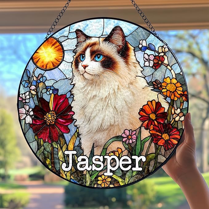Custom Cat Dog Portrait Art Suncatcher Stained Glass Window Hanging Remembrance Gift Indoor Decor Dog Bereavement Keepsake Loss of Pet Sympathy with Name Date Portrait