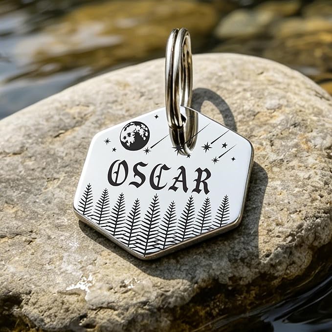 Personalized Pet ID Tags, Customizable Hexagon, Bone and Round Shapes, Multiple Designs with Mountain, Floral, and Night Sky Patterns, Stainless Steel Dog and Cat Tags (Hexagon)