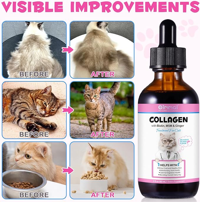 Collagen for Cats 2 fl.oz, Liquid Collagen for Cats Drops, Premium Grass-fed Collagens for Cat Skin and Coat Supplement, Itch Relief for Cat with Allergies Immunity, with Bovine Collagens, Biotin, MSM