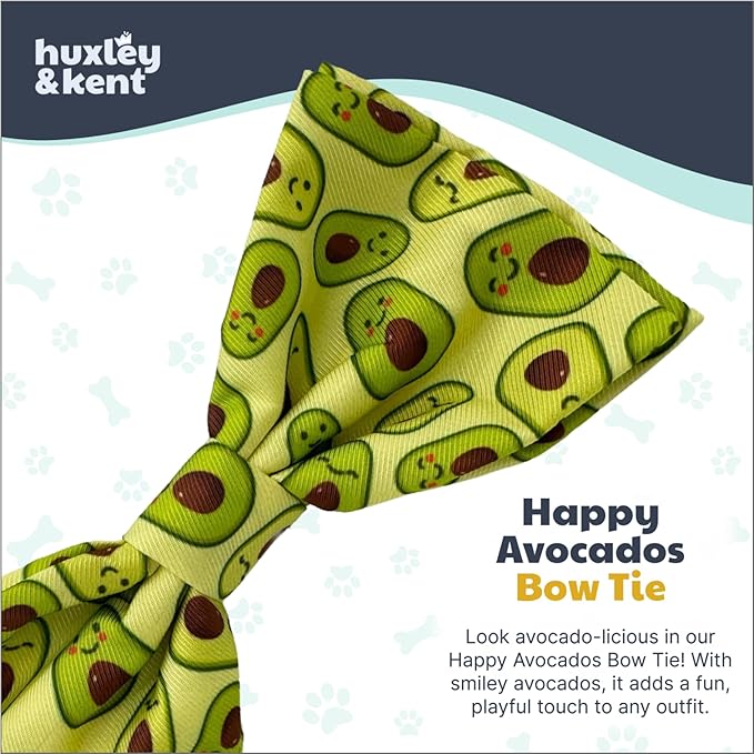 Huxley & Kent Pet Bow Tie for Dogs & Cats - Adjustable Hook & Loop Collar Accessory - Cute & Comfortable for Holidays & Celebrations - Happy Avocados, Large