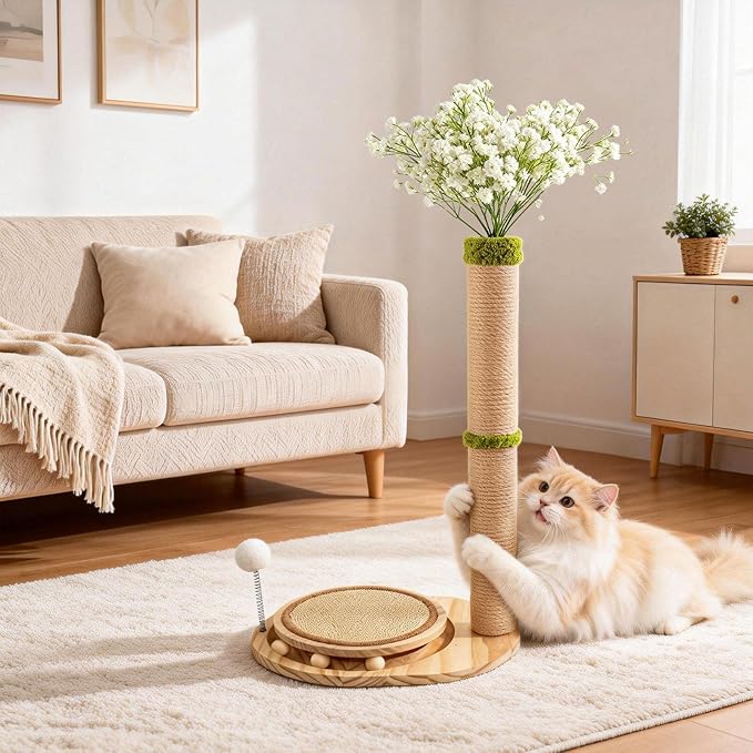 Cute Babys Breath Flower Cat Scratching Post, 39" Tall Cat Tree, Interactive Cat Toys with Ball Track & Spring Ball, Cat Scratcher with Pad for Indoor Cats Adults and Kittens