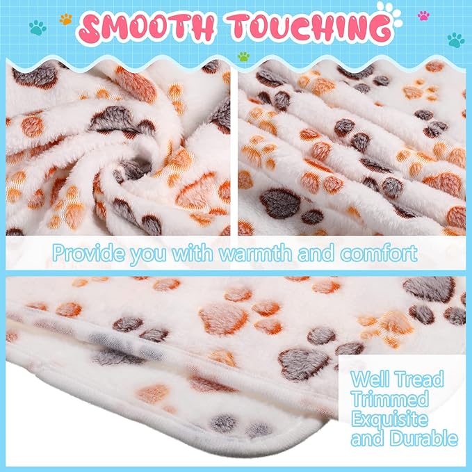 Tatuo 4 Pcs Dog Blanket for Pet Puppy Teething Toys Paw Print Fleece Blanket for Pet Cat Soft Warm Sleep Mat Guinea Pig Cage Mat(Medium(30 x 20.5 Inch),White)