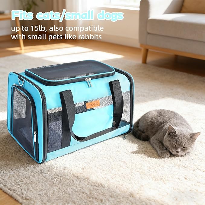 YUNIQUE Soft-Sided Cat & Dog Carrier for Pets Up to 15 Lbs, Airline Approved Collapsible Travel Puppy Carrier with Lightweight Fabric Design (Blue)