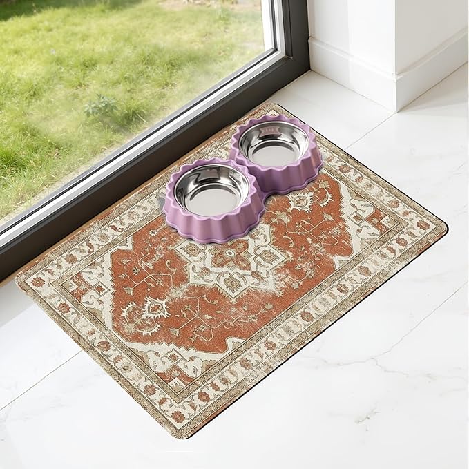 Dog Food Bowl Mat - Absorbent Quick Dry Dog Feeding Mats for Food and Water, Anti Slip Cat Bowl Placemat for Floors, Diatomite Pet Dish Matts Accessories Supplies, Bohemia Style, 16 * 24in