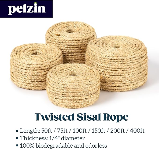 Pelzin Natural Sisal Rope for Cat Scratcher 1/4 Inch by 50 Feet, Cat Tree Rope Twine for Cat Scratching Post Replacement, Cat Tower with Scratch Post Repairing, Replace, Recovering and DIY, Natural