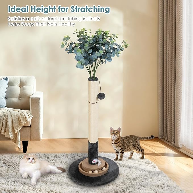 Cat Scratching Post, 35 Inch Tall Cat Scratcher Cat Tree Tower with Hanging Ball for Indoor Cats Adults,Eucalyptus Sisal Rope Kitten Scratch with Interactive Mouse Cat Toy