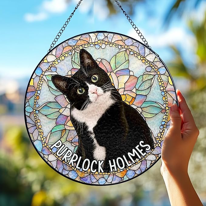 Custom Cat Portrait Art Suncatcher Stained Glass Window Hanging Remembrance Gift Indoor Decor Dog Bereavement Keepsake Loss of Pet Sympathy with Name Date Portrait