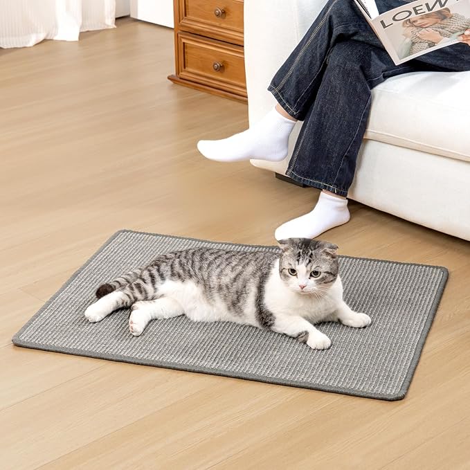 Conlun Cat Scratcher Mat,Natural Sisal Cat Scratch Pad with Hook&Loop Tape,Horizontal Floor Kitty Scratching Pads Rug for Indoor,Pet Furniture Protector for Couch&Carpets&Sofas, Large, Grey