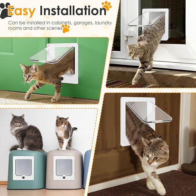 Cat Door Interior Door, 4-Way Lock Indoor Cat Doors, Magnetic Closure Reinforced Pet Doors for Cats up to 18 Lbs, Easy DIY Installation for Interior and Exterior Doors