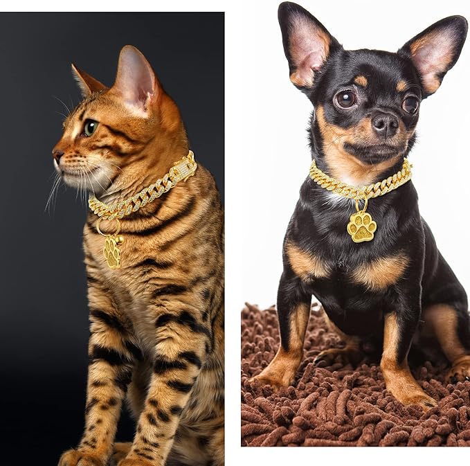 Hillban Cat Collar Diamond Chain Glitter Collar Walking Metal with Secure Buckle Cat Pet Necklace with Paw Charm and ID Tag Bell Link Cuban Jewelry Accessories Gift(10 Inch,Gold)