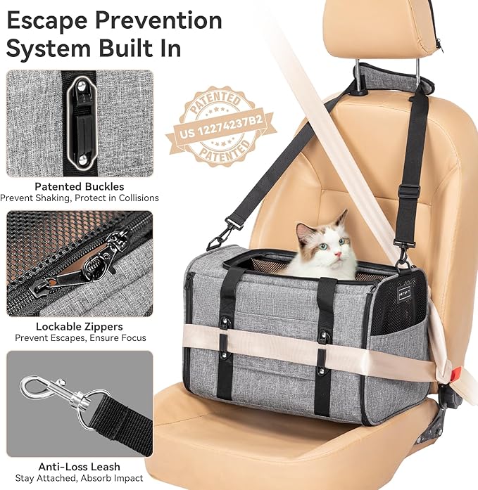 PETSFIT Large Cat Car Carrier with Patented Safety Buckles(19 x 12 x 12) – Roomy Escape-Proof for Safe Driving, Lockable Zippers & Safety Tether, Soft-Sided Travel Carrier for Road Trips & Vet Visits