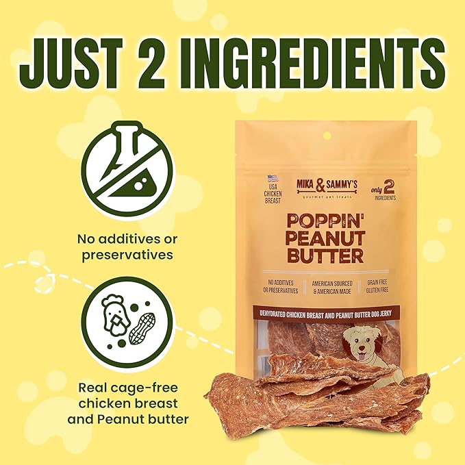 Gourmet Chicken Jerky Dog Treats -Made in USA only, Cage-Free, No Additives (Mika & Sammy's Poppin' Peanut Butter 12 oz)