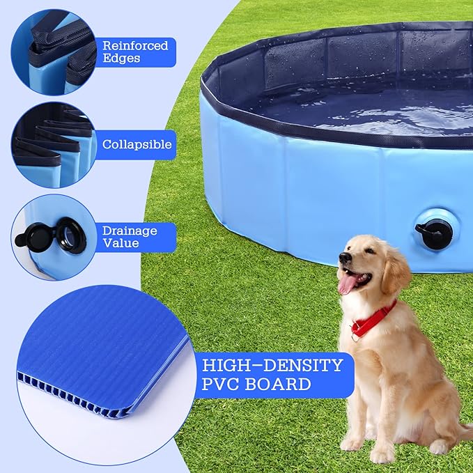 Foldable Dog Pool, Portable Pet Bath Tub and Kiddie Swimming Pool, Collapsible Bathtub for Puppies, Small, Medium and Large Dogs, Cats and Kids, 48 x 12 in, Blue