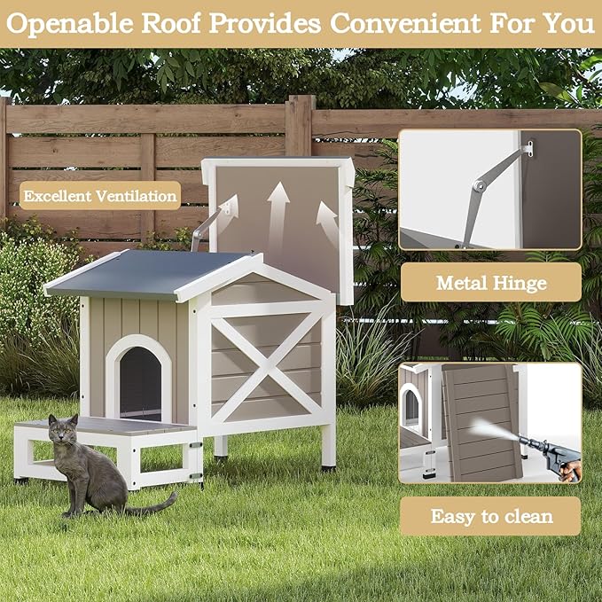 Cat House with Dual Escape Doors,Fir Wood Feral Cat Shelter for 1-2 Cats with Large Balcony,Weatherproof Feral Cat Enclosure with Elevated Floor|Openable Roof for Indoor Outdoor,Grey