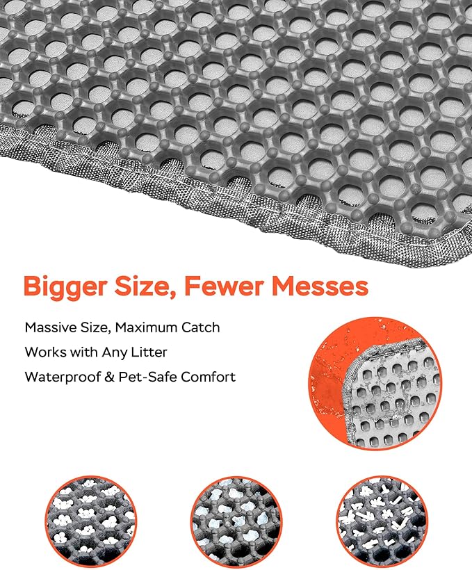 Cat Litter Mat 47"x26.5" Extra Large & 12"x12" Small, Double Layer Waterproof Trapping Mat for Home Travel, Non-Slip & Urine-Proof, Soft on Paws, Hold 2-3 Litter Boxes, XXL, 2-Pack(Grey)