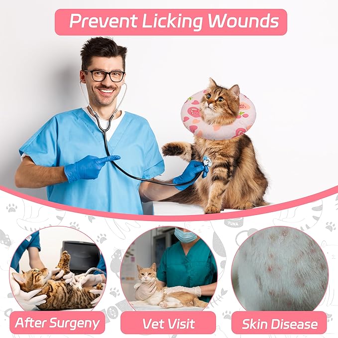 Seyezo Cat Cone Soft Collar, Adjustable Cat Recovery Collar for Small Medium Large Cats, Cute Donut E Collar After Surgery, Anti-Lick Wound Healing Elizabethan Collar for Kittens (Pink Heart, Large)
