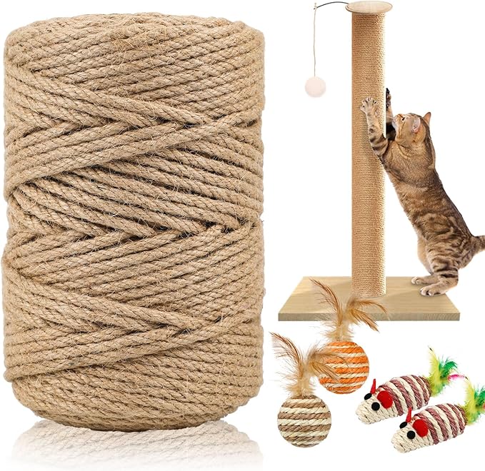 262 ft Sisal Rope for Cat Scratcher, 6mm Thick Rope for Cat Scratch Post, Twine for Cat Scratching Post Replacements, DIY Hemp Twine Rope with 4 Random Colors Mouse Ornaments