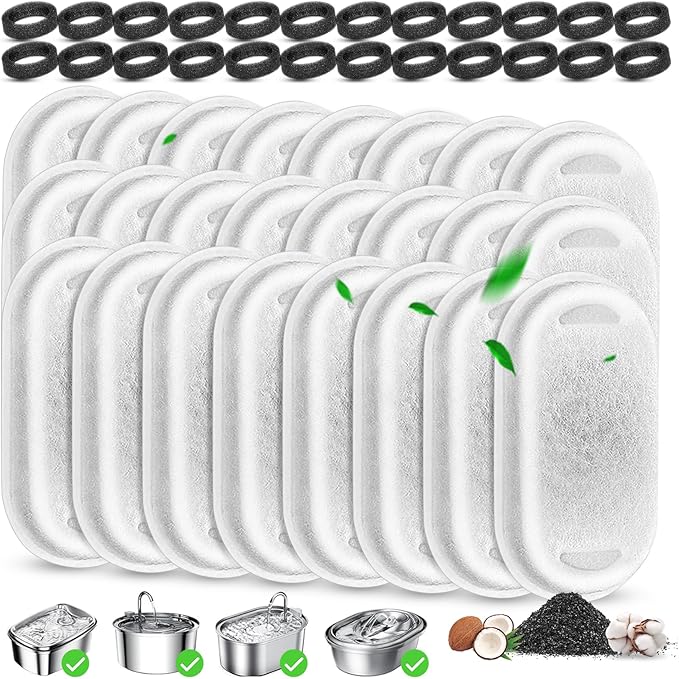 Cat Water Fountain Filters Replacement, 24 Pcs Pet Water Fountain Filter with 24 Pcs Foam Sponges for 67oz/2L & 108oz/3.2L Stainless Steel Pet Cat Water Fountain Dispenser Filters