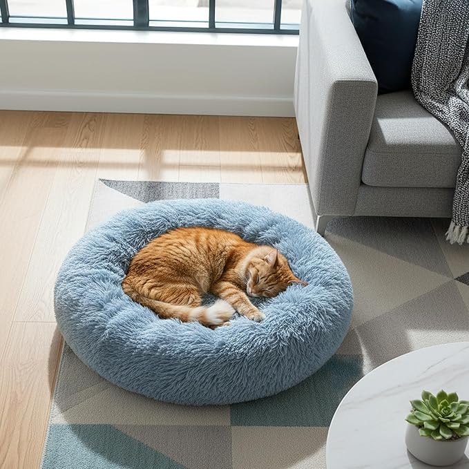 PetAmi Calming Dog Bed for Small & Medium Dogs and Cats, 23 Round Donut Dog Bed, Washable Fluffy Faux Fur Puppy & Cat Bed, Anti-Anxiety Plush Cuddler Pet Bed with Anti-Slip Bottom - Blue