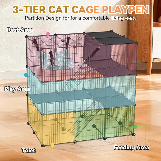 Cat Cage, 3-Tier DIY Cat Enclosures Catio, Cat Playpen Indoor & Outdoor with Hammock, Detachable Metal Wire Kennel Cats Crate, 2x3x3 Exercise Place for 1-3 Cats/Kitten