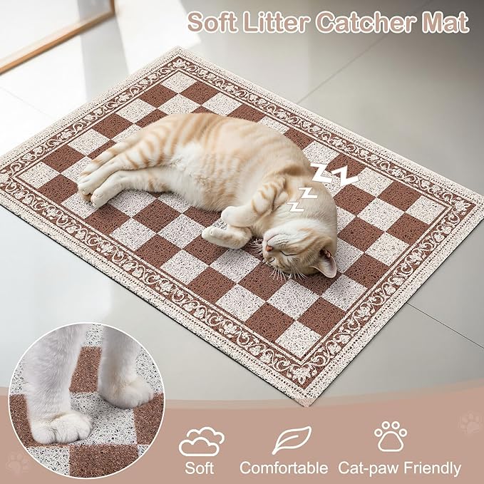 Bienbee Cat Litter Mat,24" x 15" Waterproof Litter Box Mat Litters Rug with Non-Slip Bottom, Easy to Clean Litter Trapping Mat for Cat,Light Beige Checkerboard M