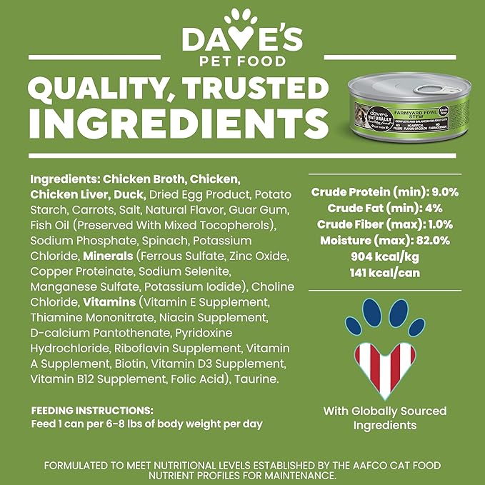 Dave's Pet Food Grain Free Wet Cat Food (Farmyard Fowl, Chicken & Duck), Made in USA Naturally Healthy Canned, Added Vitamins & Minerals, 5.5 oz Cans (24 Pack)
