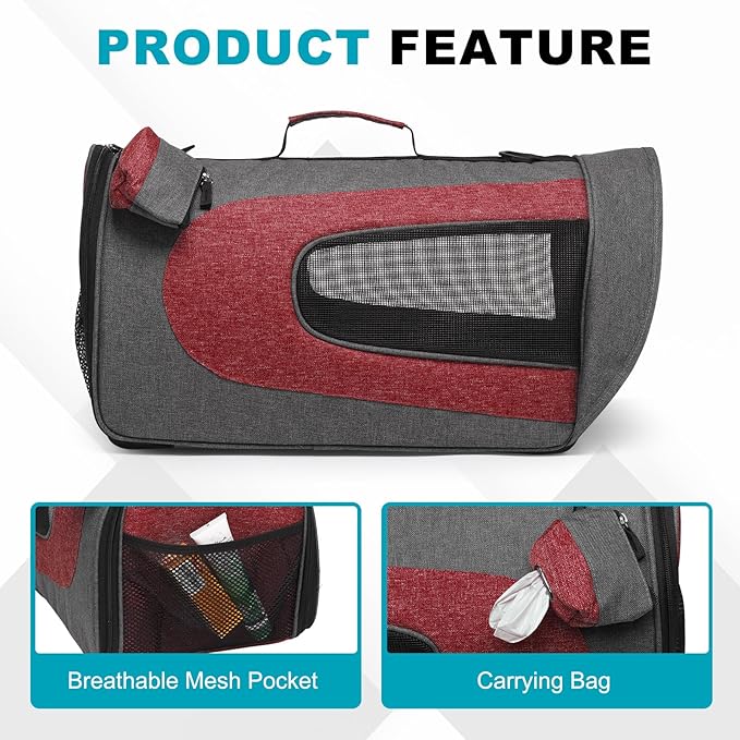 Cat Carrier, Ventilation Mesh, Travel Pet Carrier Breathable Small Dog Carrying Case Up to 16.5 lbs (Red), Intended for Hiking/Camping/Traveling, 14"x9"x9"