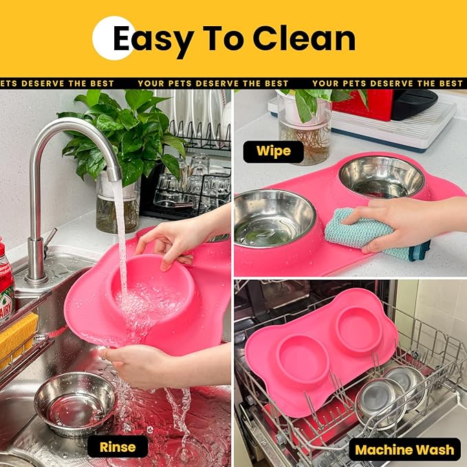 Medium Pet Feeding Station, 29oz Stainless Steel Dog Bowls Set, No Spill Food & Water Dishes with Non Slip Silicone Mat for Breeds Up to 55 Lbs, Pink