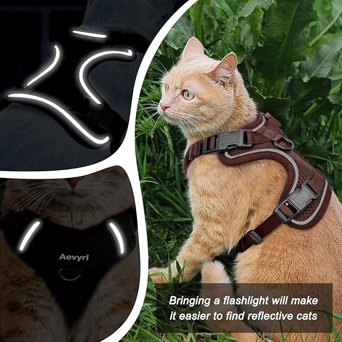 Cat Harness and Leash Set - Escape Proof Adjustable Cat Harness, Comfortable Soft Lightweight, Use Safe & Easy, Walking Travel Kitten Harness for Small Medium Large Cats, Brown, M