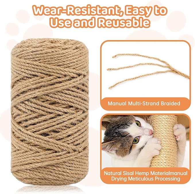 262 ft Sisal Rope for Cat Scratcher, 4mm Thick Rope for Cat Scratch Post, Twine for Cat Scratching Post Replacements, DIY Hemp Twine Rope with 4 Random Colors Mouse Ornaments