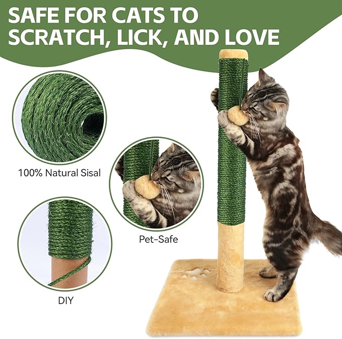 Green Natural Sisal Rope for Cat Scratcher Tree Thick 5-mm 1/5 Inch by 150 Feet, Cat Tower Climbing Twine for Cat Scratching Post Replacement, Scratch Post Repairing, Replace, Recovering and DIY