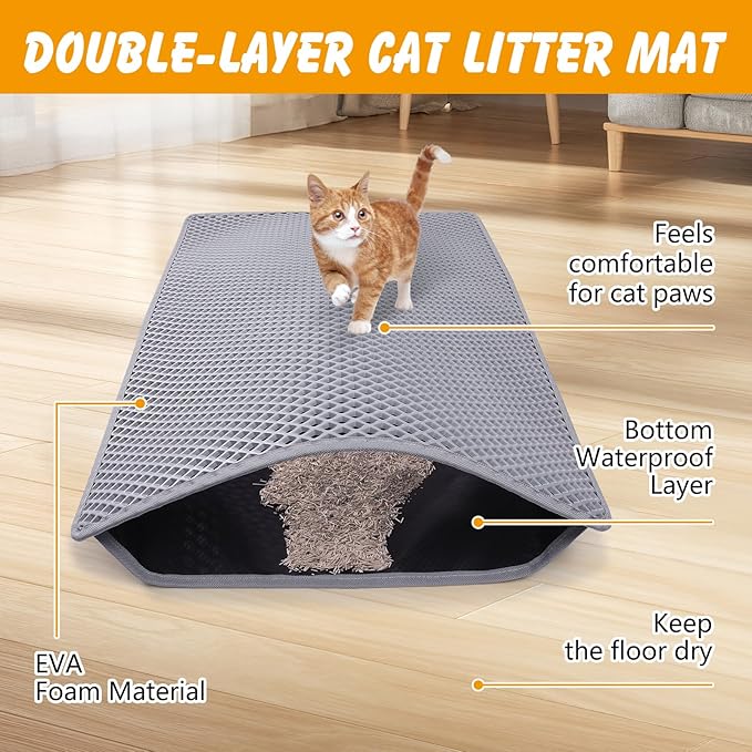 Double Layer Cat Litter Mat, 24x15 Inch Waterproof Litters Box Mat, Non-Slip Cat Mat for Litter Box