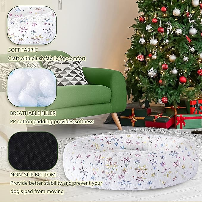 31 Inch Christmas Snowflakes Calming Dog Bed for Medium Dogs, Round Anti-Anxiety Warm Bed, Soft Cozy Anti-Slip Donut Washable Pet Bed, Fits up to 50 lbs Pets