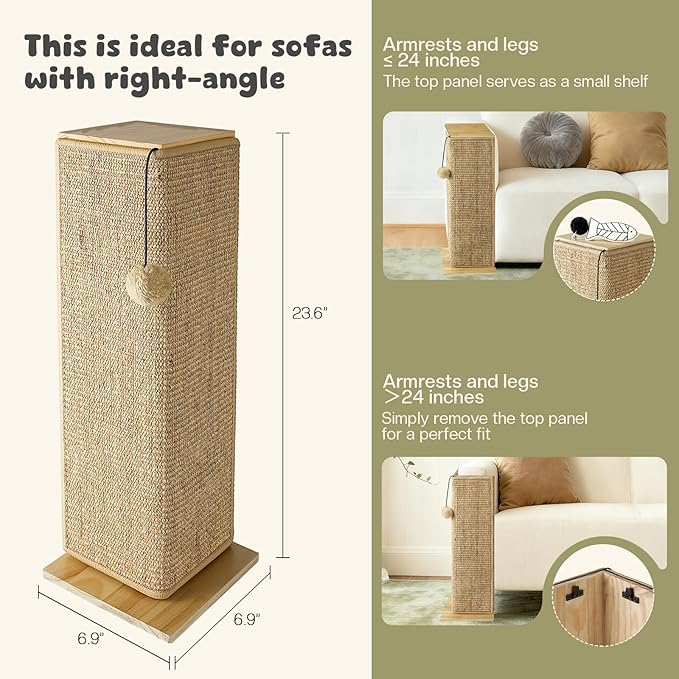 Wooden Couch Corner Cat Scratcher with Sisal Scratching Mat, Adjustable Couch Cat Scratch Protector with Adjustable Buckles, Couch Corner Protectors for Cats, Cat Scratch Furniture Protector for Sofa