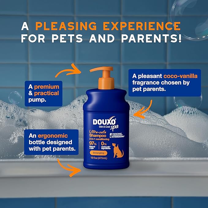 DOUXO® Skin & Coat SPA - Ultra-Safe 2 in 1 Conditioning Dog Shampoo, 16 fl oz, Cleans and Deeply Hydrates The Skin, Leaves The Coat Soft, Silky and Detangled