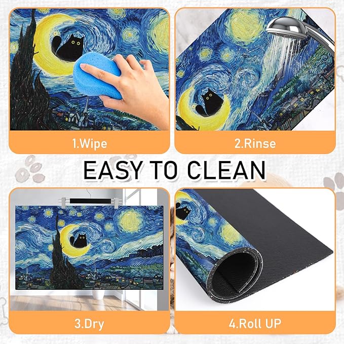 Dog Food Feeding Mat - Absorbent Diatomite Pet Dog Cat Bowl Mats for Food and Water, Anti Slip Dog Bowl Placemat for Floors, Quick Dry Pet Dish Matts Supplies, Black Cat Style, 17 * 30in