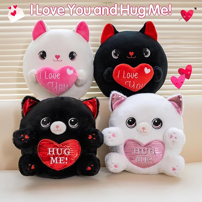 Cat Plush White Cat Stuffed Animal Toy Holding Heart with I Love You, Valentine Plush with Pink Heart for Mother's Day, Girlfriend Valentine Party Favor(White, 10 Inch)