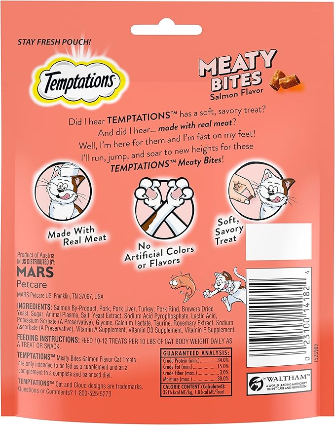 Temptations Meaty Bites Savory and Soft Cat Treats, Salmon Flavor, 4.12 oz. Pouch, (Pack of 2)